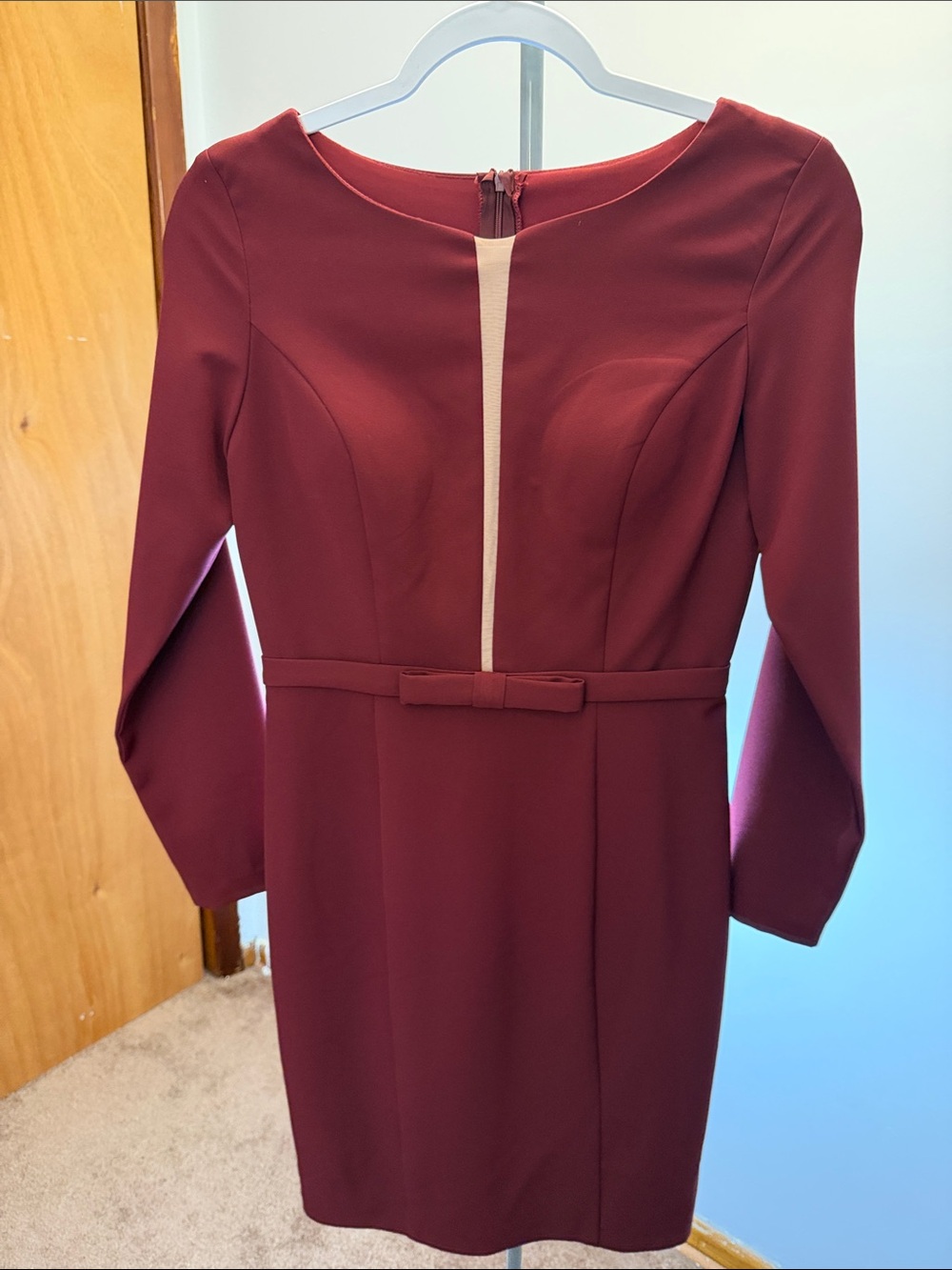 Women’s Burgundy Sheath Dress with Contrast Trim